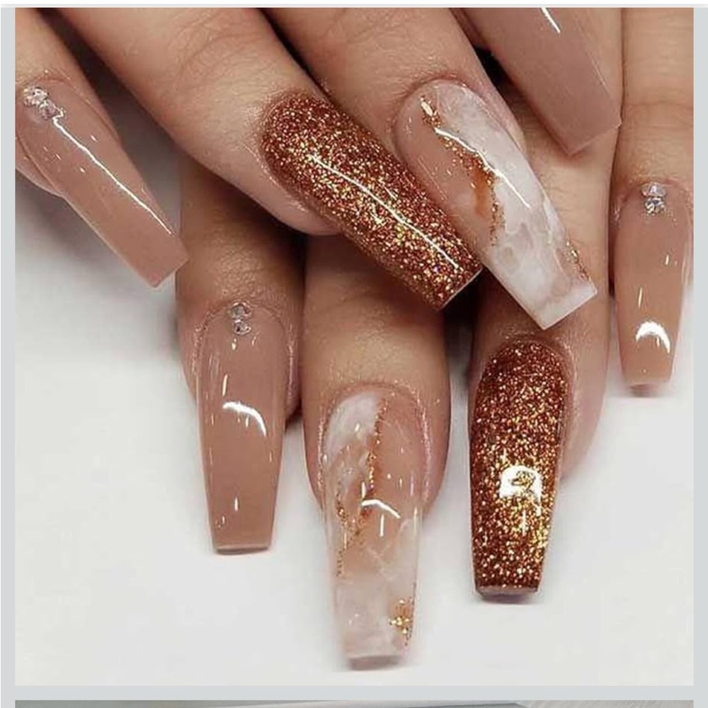 Glitter Marble Ballerina Press On Nails with Rhinestones - Picture 1 of 4